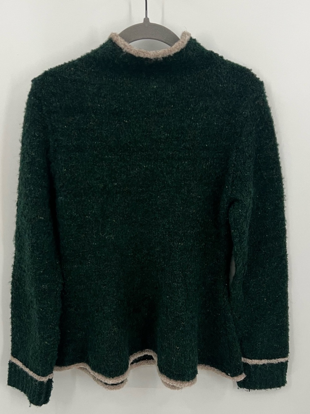 Pilcro Dark Green Mock Neck Peplum Sweater with Cream Contrast Trim - Picture 3 of 12